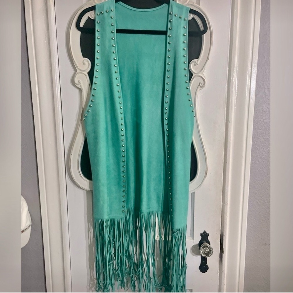 TURQUOISE LONG SUEDE FRING VEST CRAZY TRAIN SILVER STUD TRIM FRONT SIDES ARM NEW